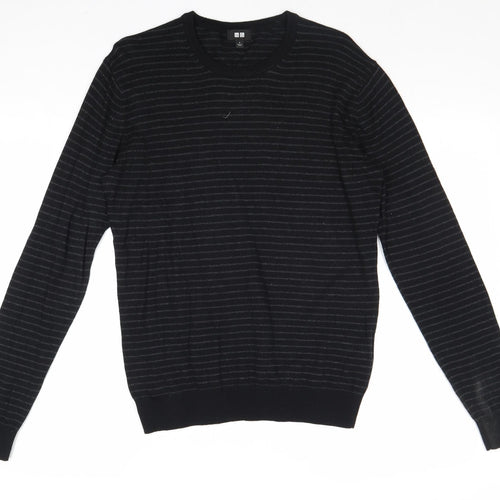 Uniqlo Mens Black Round Neck Striped Cotton Pullover Jumper Size S Long Sleeve