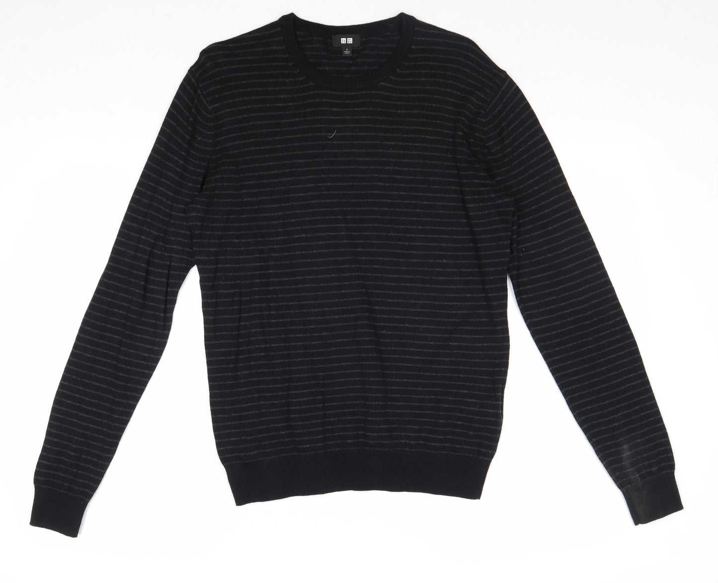 Uniqlo Mens Black Round Neck Striped Cotton Pullover Jumper Size S Long Sleeve
