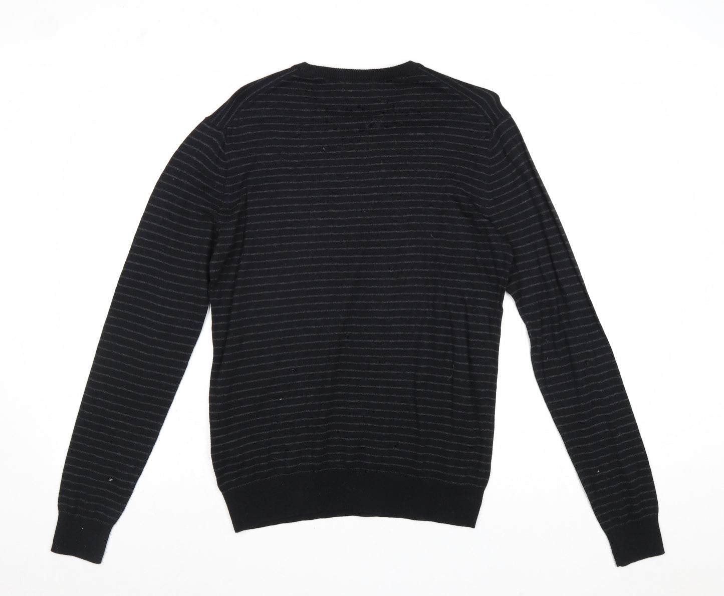 Uniqlo Mens Black Round Neck Striped Cotton Pullover Jumper Size S Long Sleeve