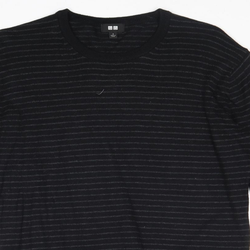 Uniqlo Mens Black Round Neck Striped Cotton Pullover Jumper Size S Long Sleeve