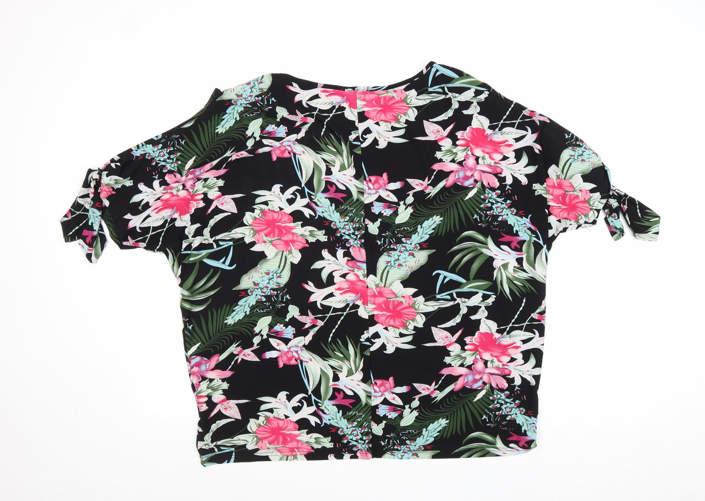 Emeliax Womens Black Floral Polyester Basic T-Shirt Size 16 Round Neck