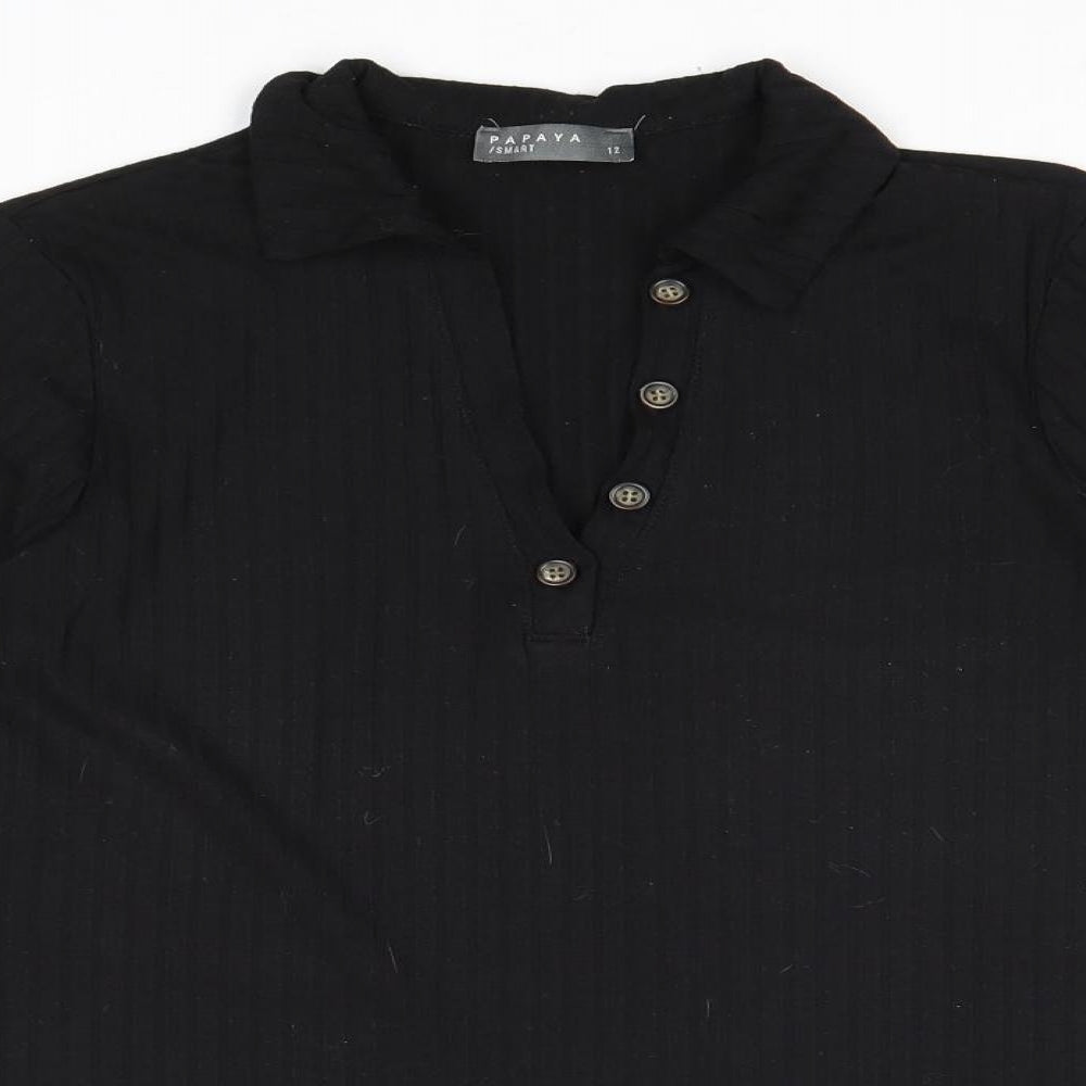 Papaya Womens Black Polyester Basic T-Shirt Size 12 Collared