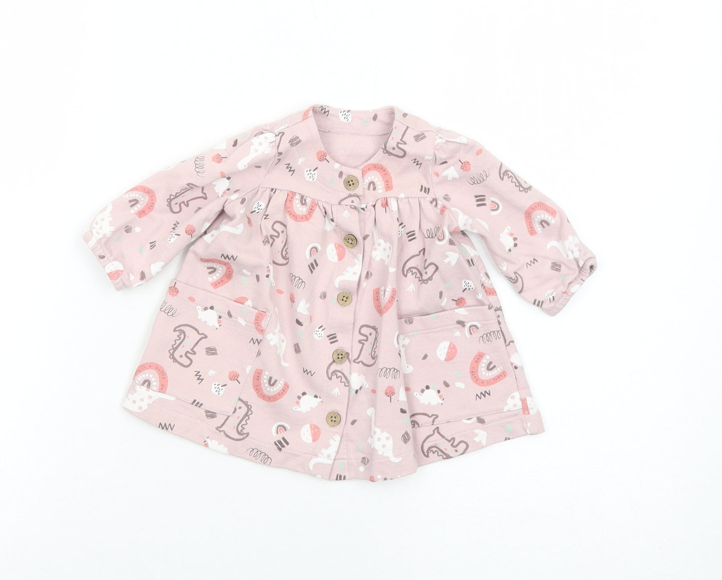 Nutmeg Girls Pink Geometric Cotton A-Line Size 0-3 Months Round Neck Button - Dinosaur