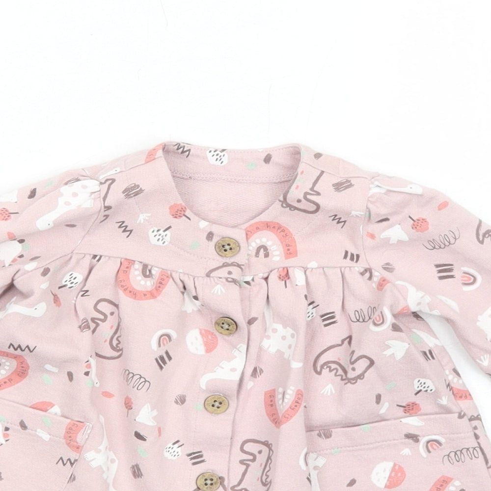 Nutmeg Girls Pink Geometric Cotton A-Line Size 0-3 Months Round Neck Button - Dinosaur
