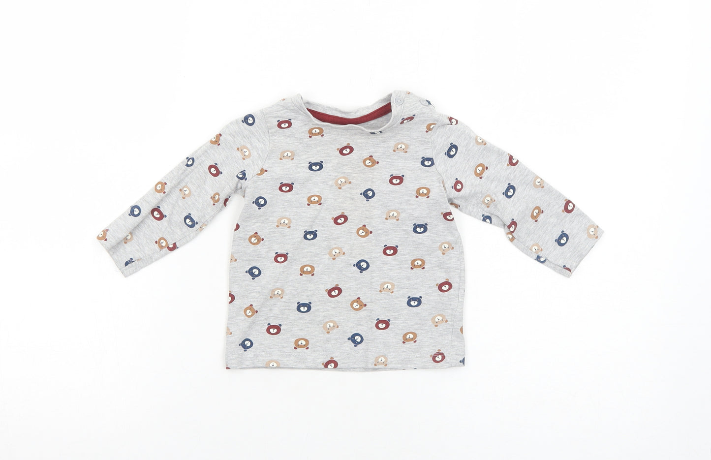 Matalan Baby Grey Geometric Cotton Basic T-Shirt Size 9-12 Months Round Neck Button - Bear