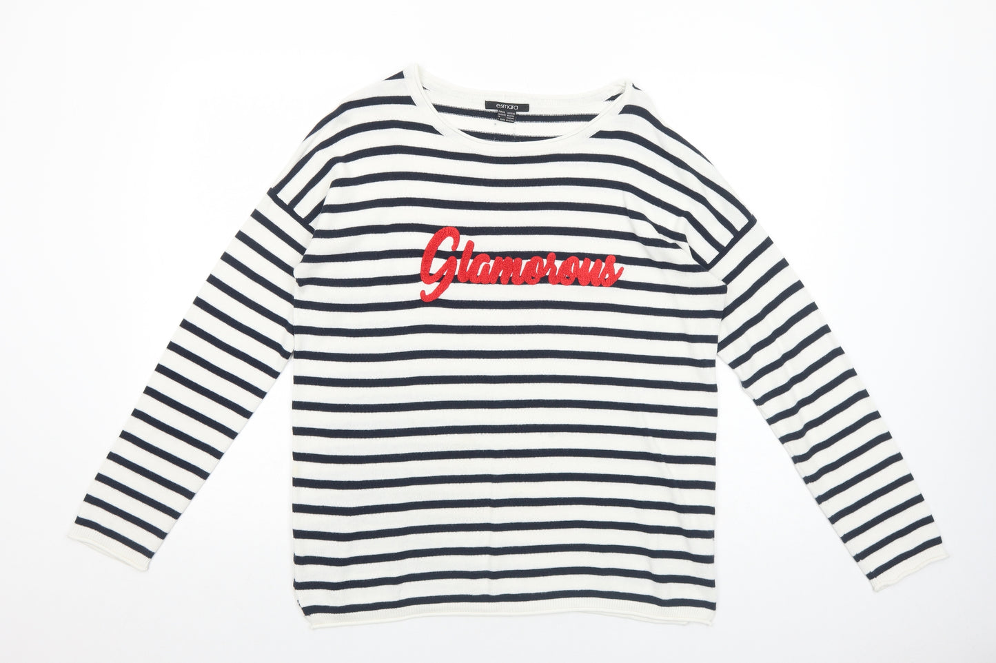 ESMARA Womens White Striped Cotton Basic T-Shirt Size 14 Round Neck - Glamorous