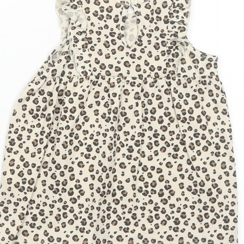 H&M Girls Beige Animal Print Cotton A-Line Size 3-6 Months Round Neck Button