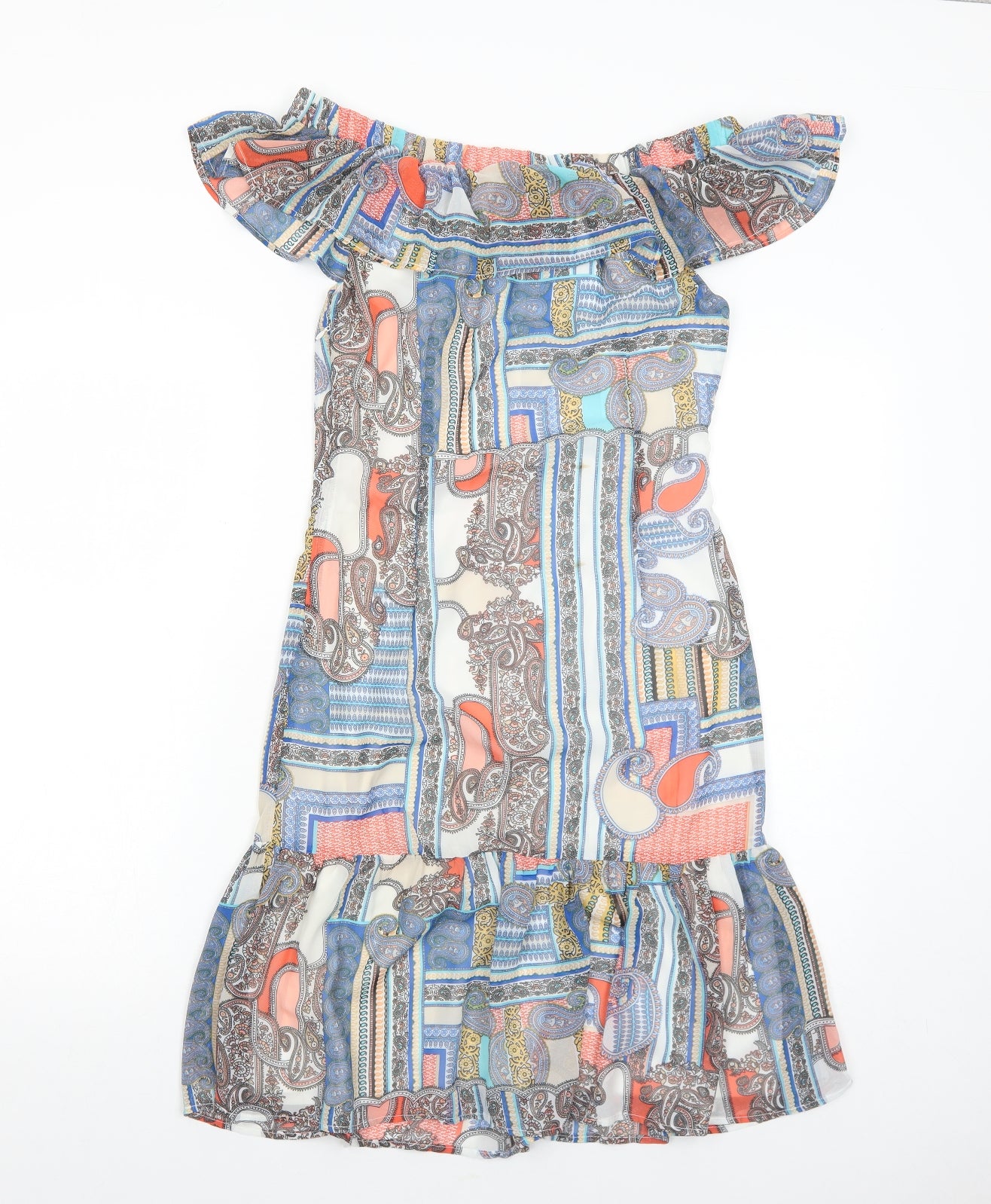 Cutie Womens Multicoloured Geometric Polyester A-Line Size 8 Off the Shoulder Zip
