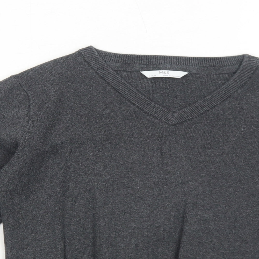 Marks and Spencer Boys Grey V-Neck Cotton Pullover Jumper Size 9-10 Years Pullover