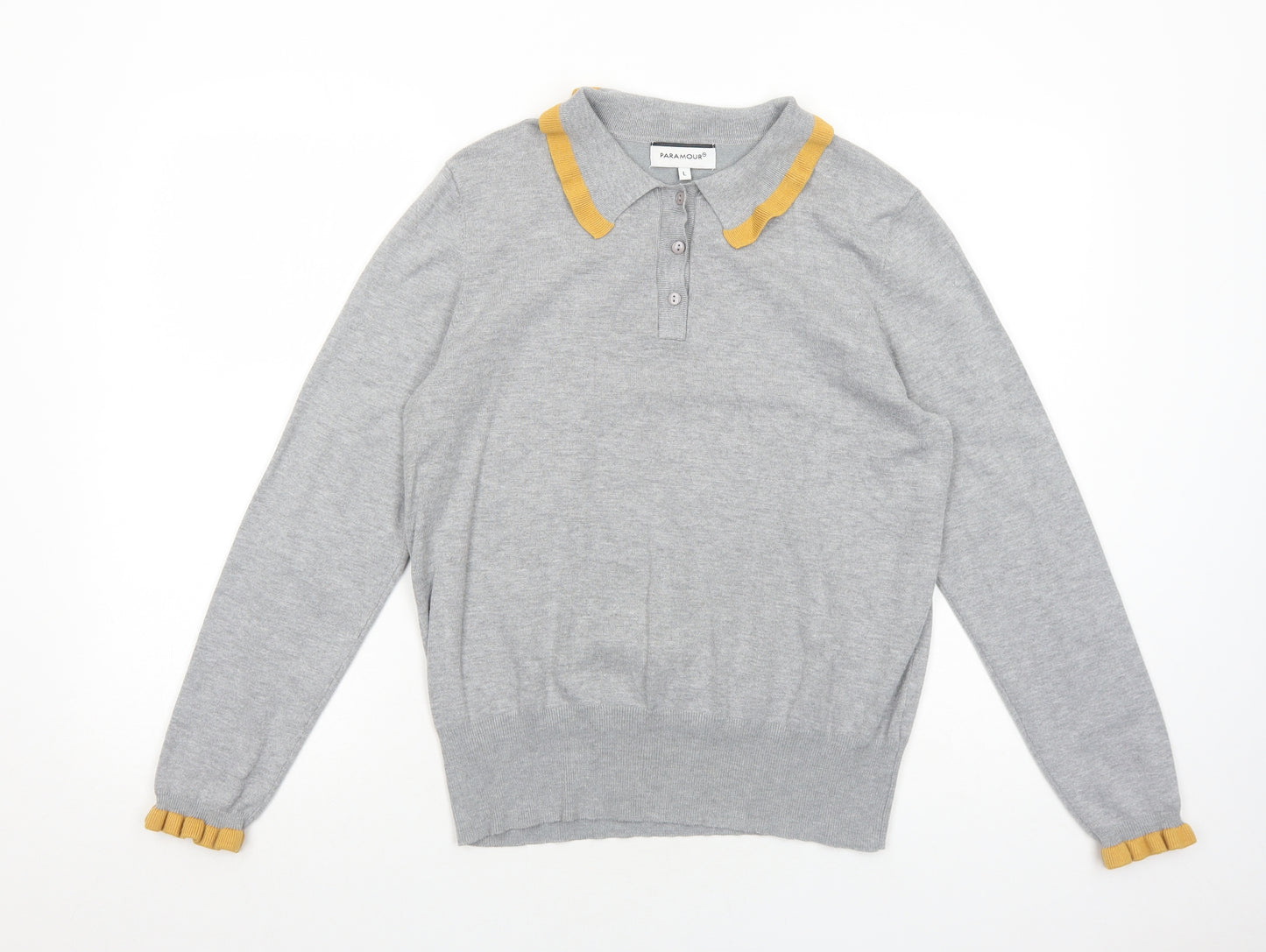Paramour Womens Grey Collared Viscose Pullover Jumper Size L - Contrasting Trim