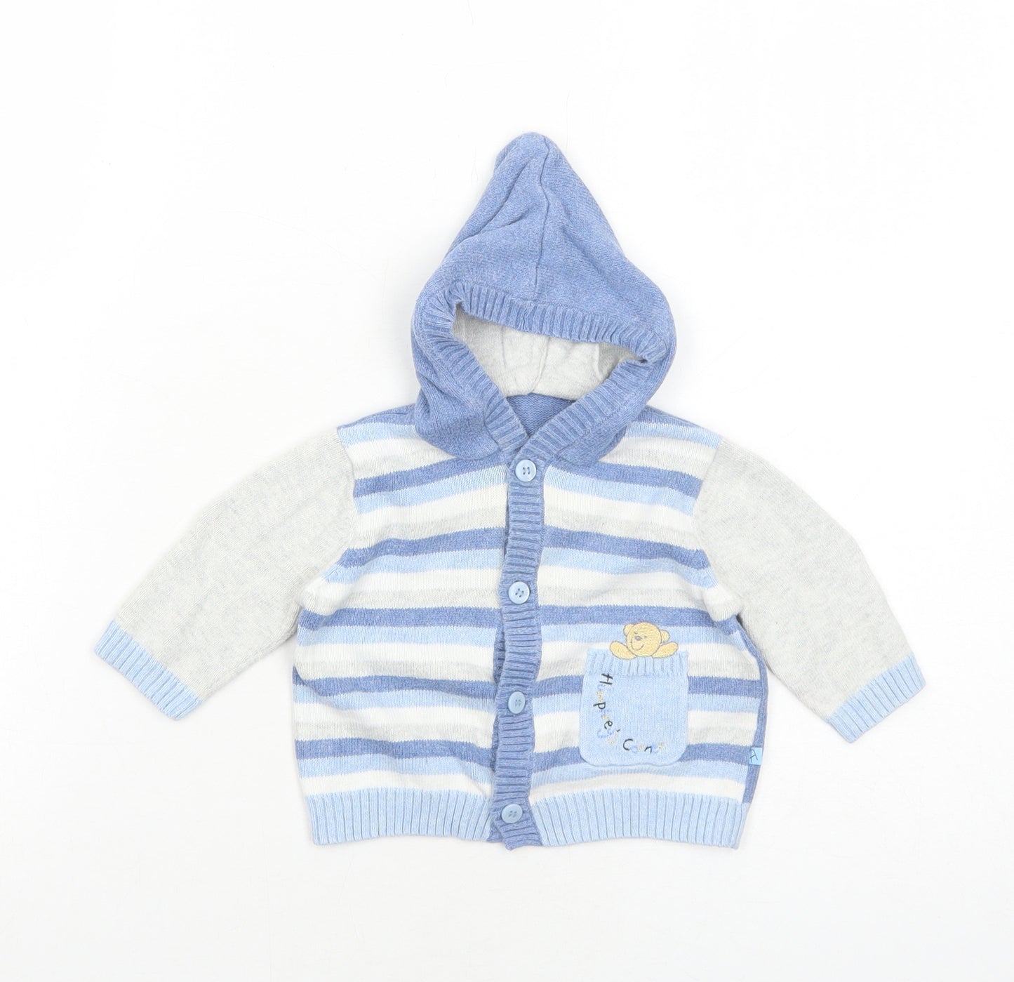 Mothercare Boys Blue Striped Cotton Cardigan Jumper Size 3-6 Months Button