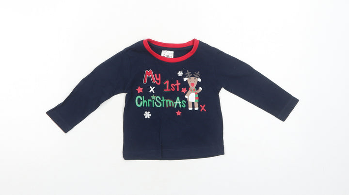 Peacocks Boys Blue Cotton Basic T-Shirt Size 6-9 Months Round Neck Pullover - My 1st Christmas
