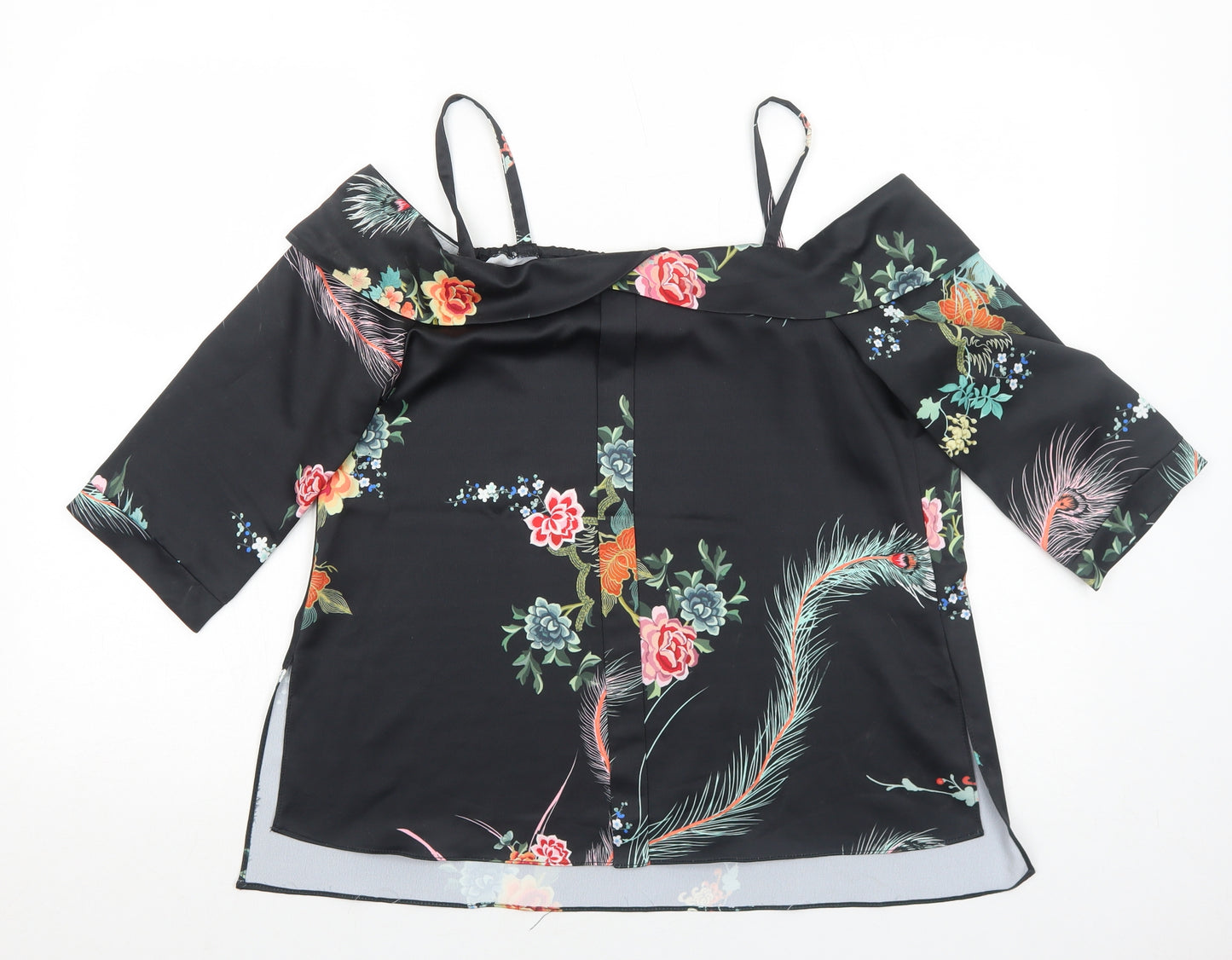 River Island Womens Black Floral Polyester Basic Blouse Size 8 Boat Neck