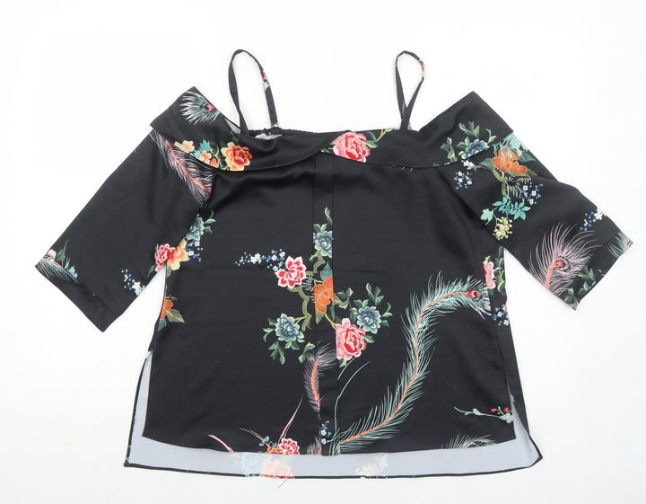 River Island Womens Black Floral Polyester Basic Blouse Size 8 Boat Neck