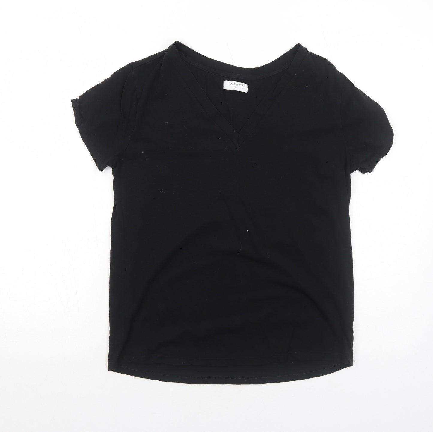 Papaya Womens Black Cotton Basic T-Shirt Size 8 V-Neck
