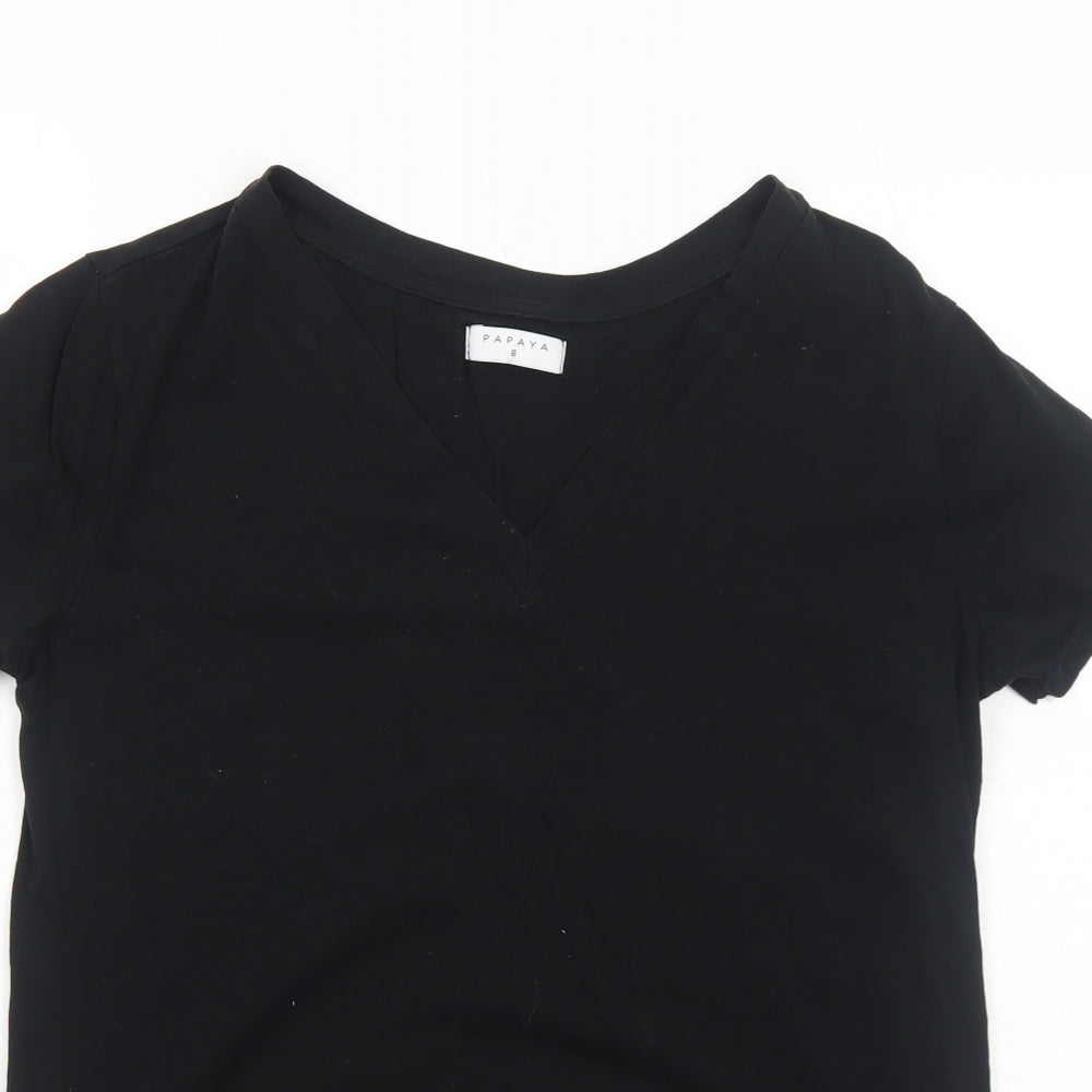 Papaya Womens Black Cotton Basic T-Shirt Size 8 V-Neck