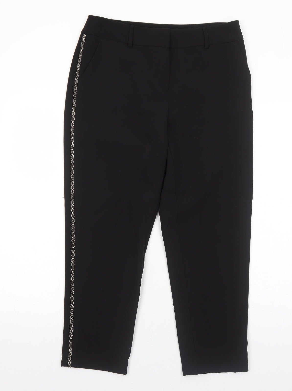 Dorothy Perkins Womens Black Polyester Trousers Size 12 Regular Zip - Side Stripe Detail