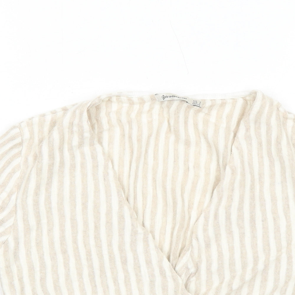 Stradivarius Womens Beige Striped Cotton Basic Blouse Size S V-Neck