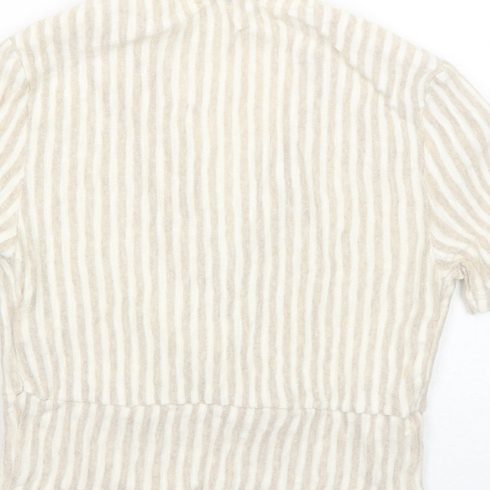 Stradivarius Womens Beige Striped Cotton Basic Blouse Size S V-Neck
