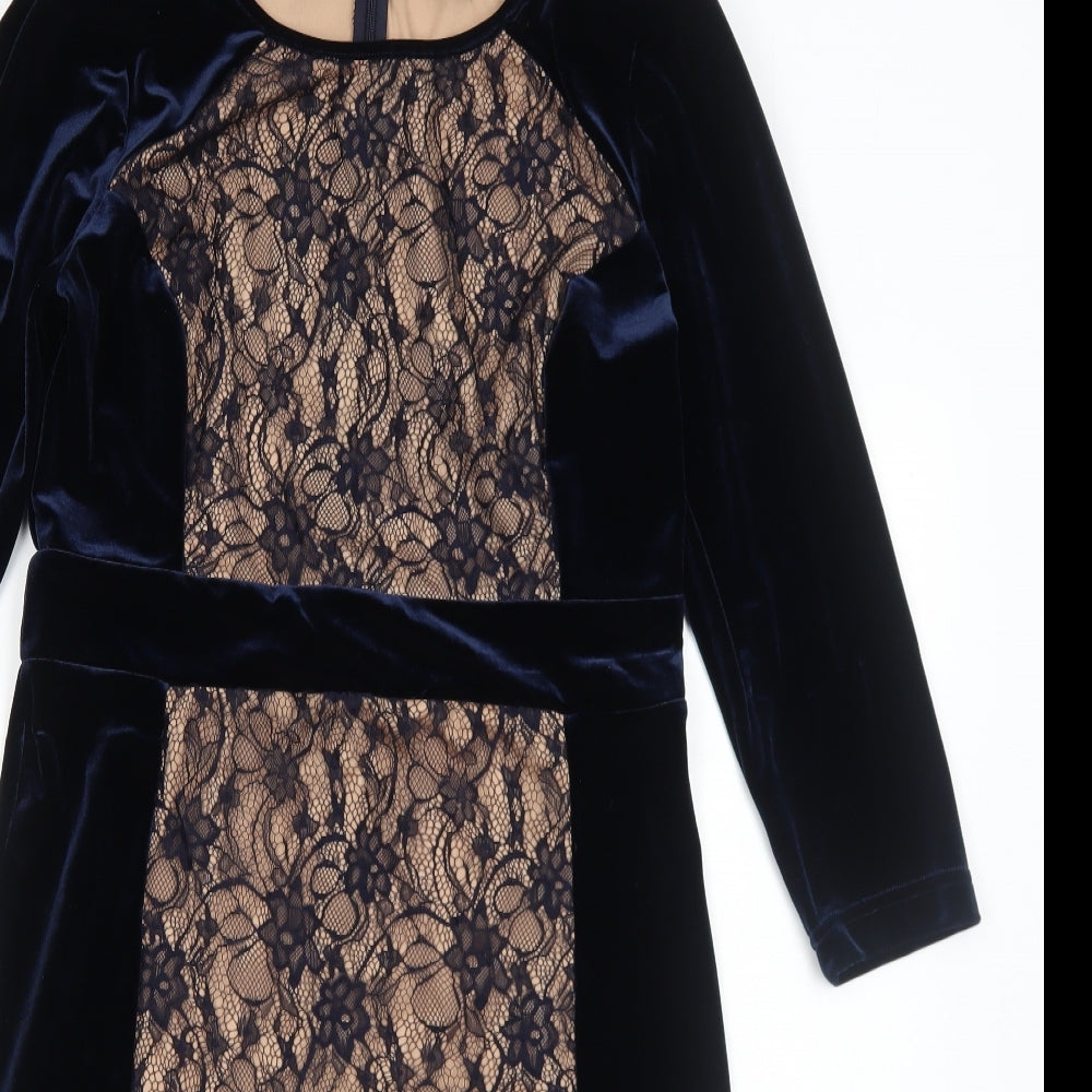 Trinny & Susannah Womens Blue Geometric Polyester Shift Size 12 Round Neck Zip