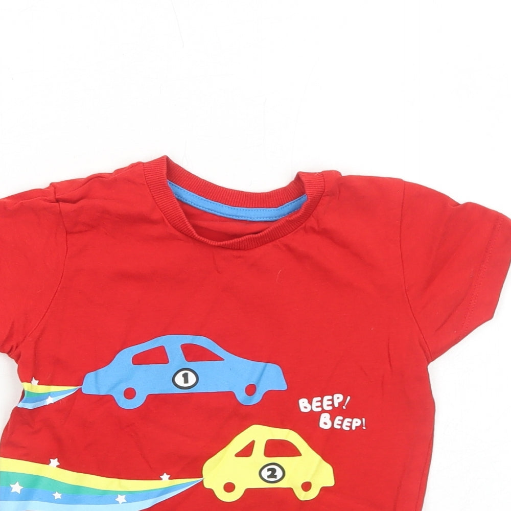 Matalan Boys Red Cotton Basic T-Shirt Size 3-4 Years Round Neck Pullover - Vehicles Print
