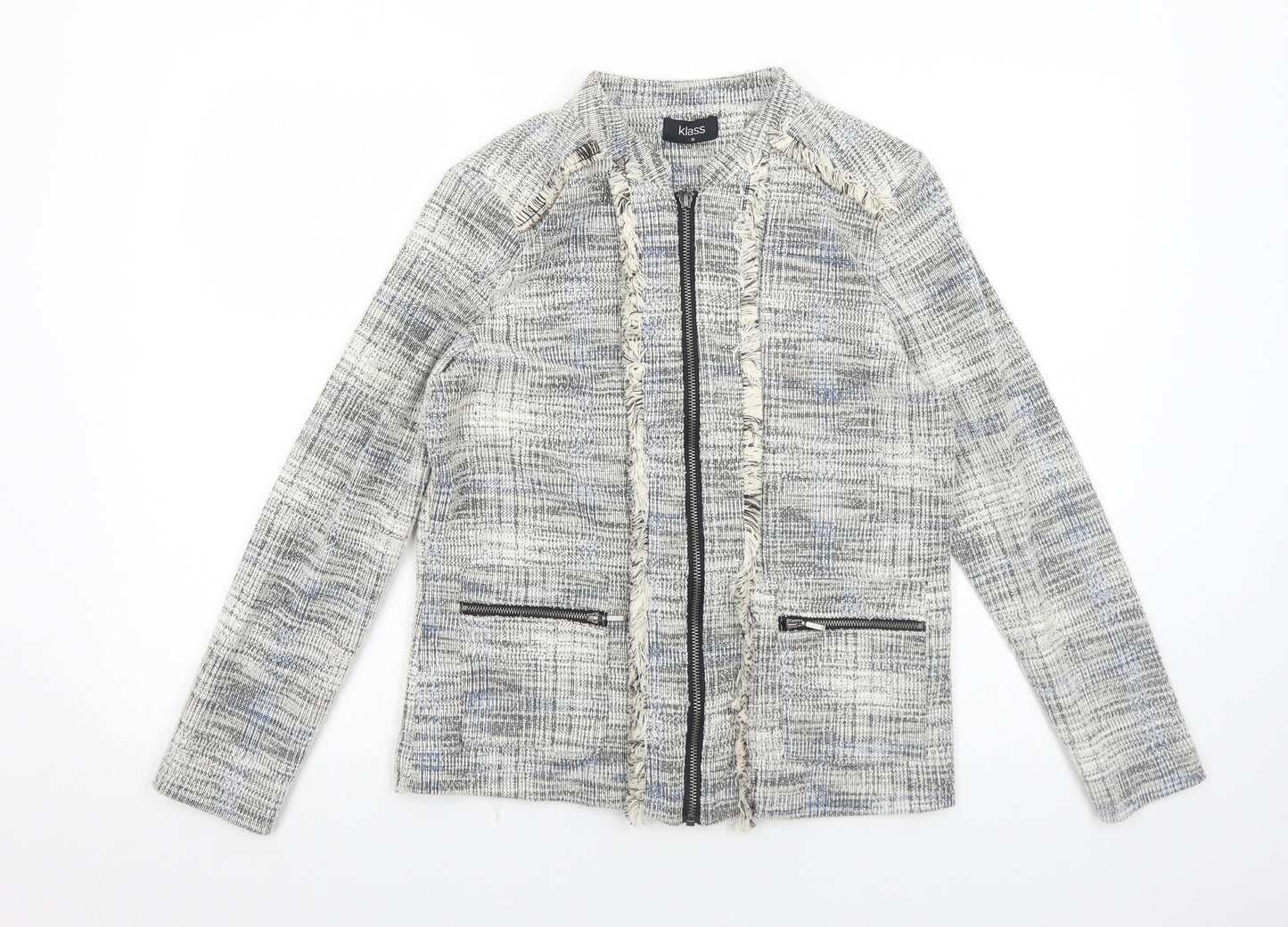 Klass Womens White Jacket Blazer Size 10 Zip - Fringe Detail