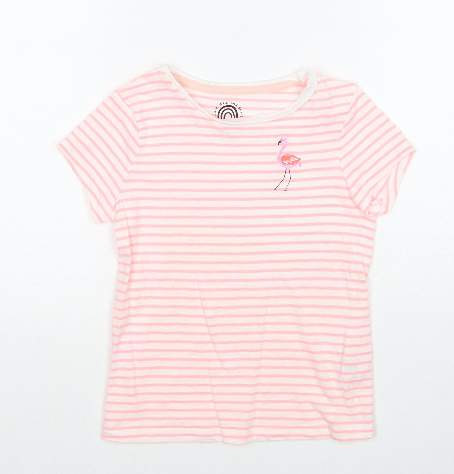 F&F Girls Pink Striped Cotton Basic T-Shirt Size 6-7 Years Round Neck Pullover - Flamingo