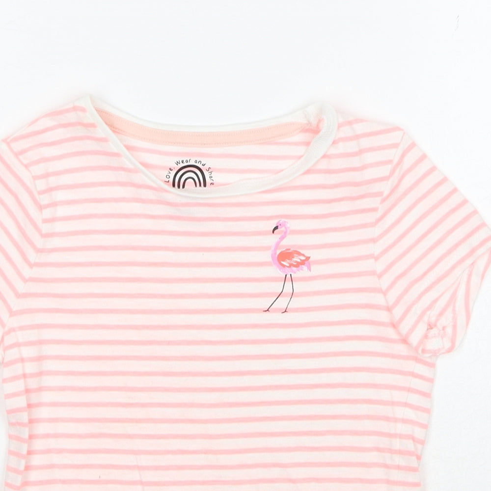 F&F Girls Pink Striped Cotton Basic T-Shirt Size 6-7 Years Round Neck Pullover - Flamingo