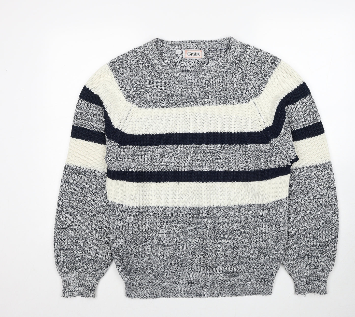 Gratis Mens Grey Round Neck Striped Acrylic Pullover Jumper Size S Long Sleeve