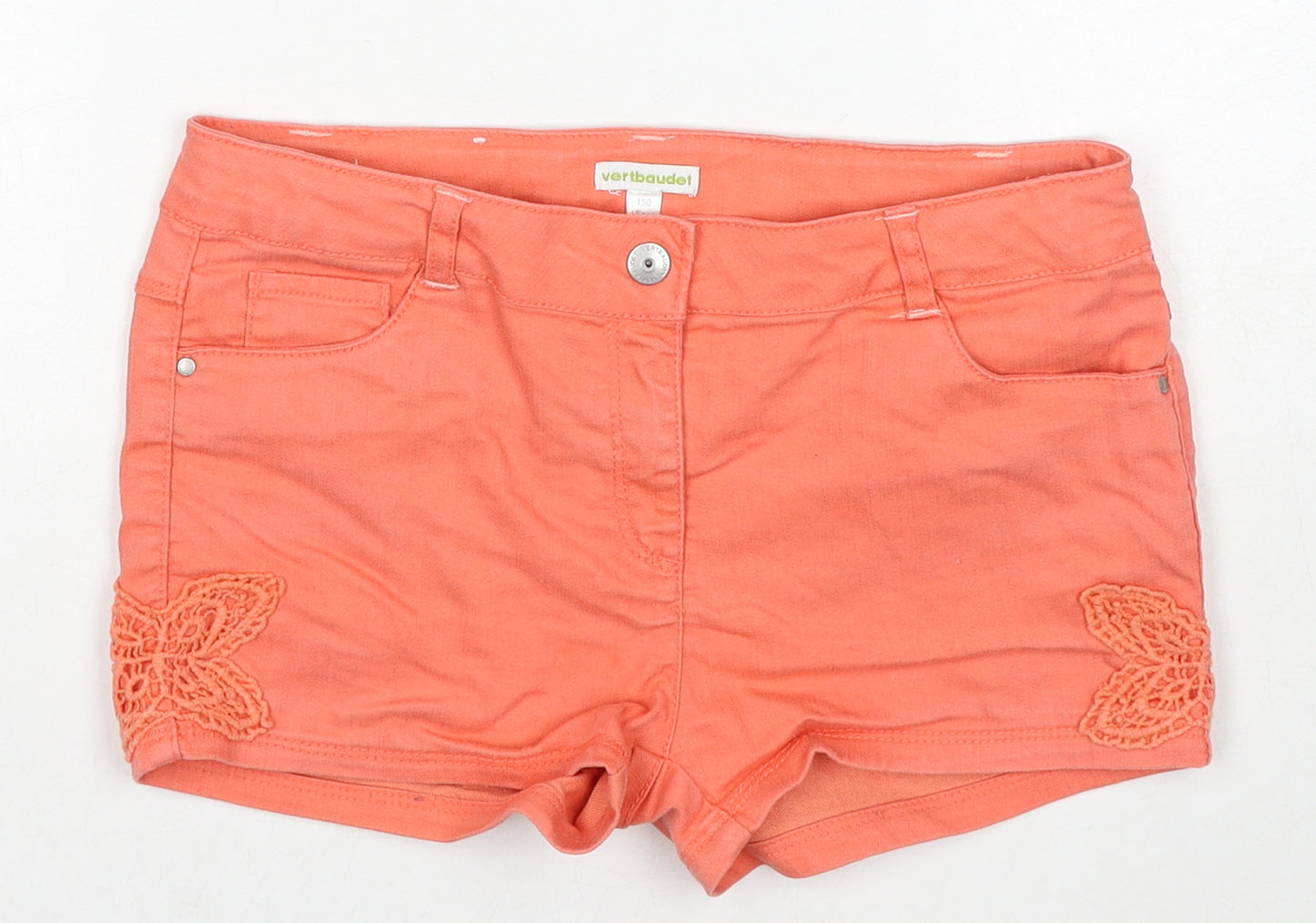 Vertbaudet Girls Orange Cotton Boyfriend Shorts Size 12 Years Regular Zip - Crochet Detail