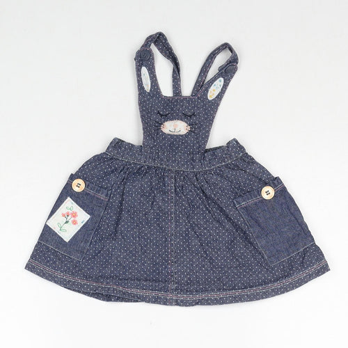 Nutmeg Girls Blue Polka Dot Cotton Pinafore/Dungaree Dress Size 3-6 Months Square Neck Button