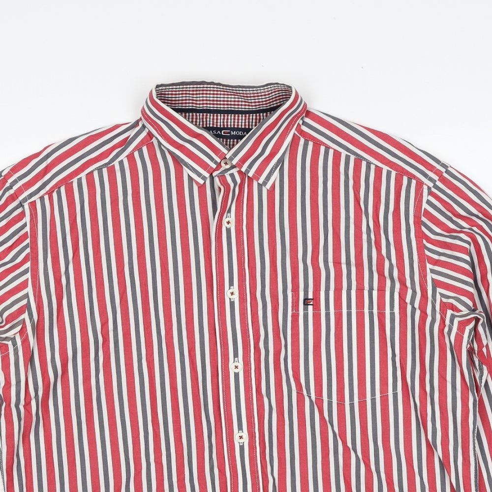 CASAMODA Mens Red Striped Cotton Button-Up Size M Collared Button