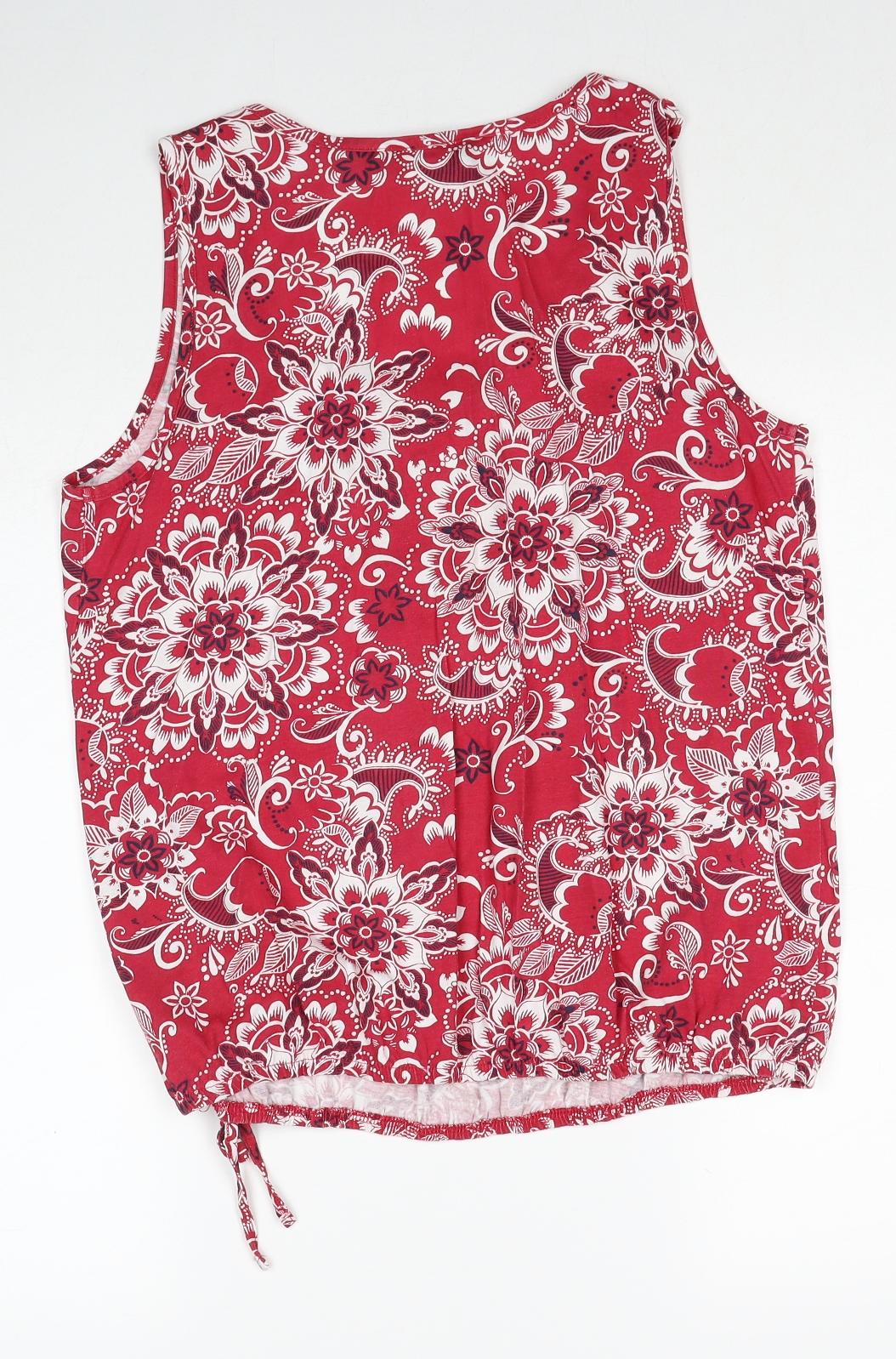 Debenhams Womens Red Geometric Cotton Basic Blouse Size 14 Scoop Neck