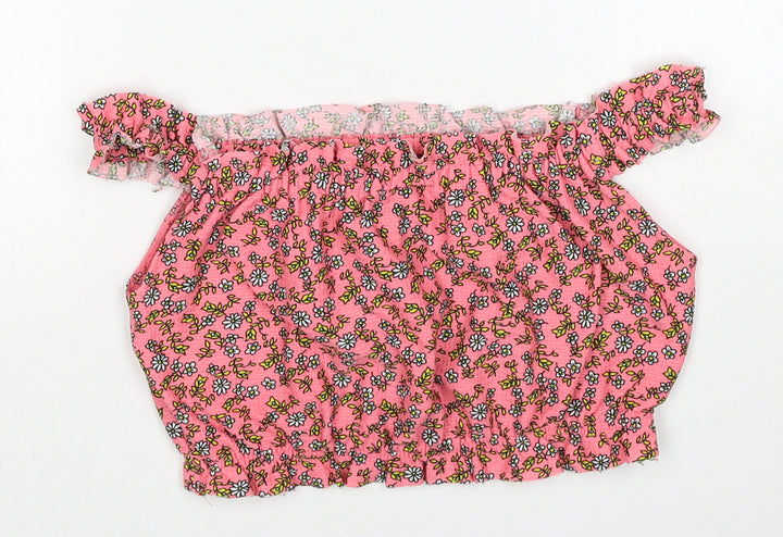 New Look Womens Pink Floral Polyester Cropped Blouse Size 6 Off the Shoulder