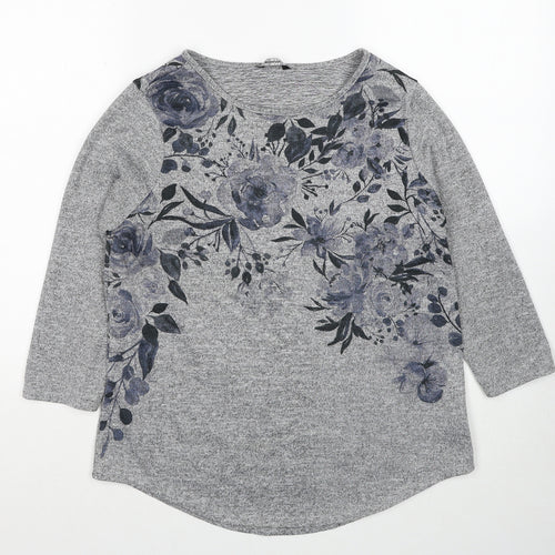 Roman Womens Grey Round Neck Floral Polyester Pullover Jumper Size 10