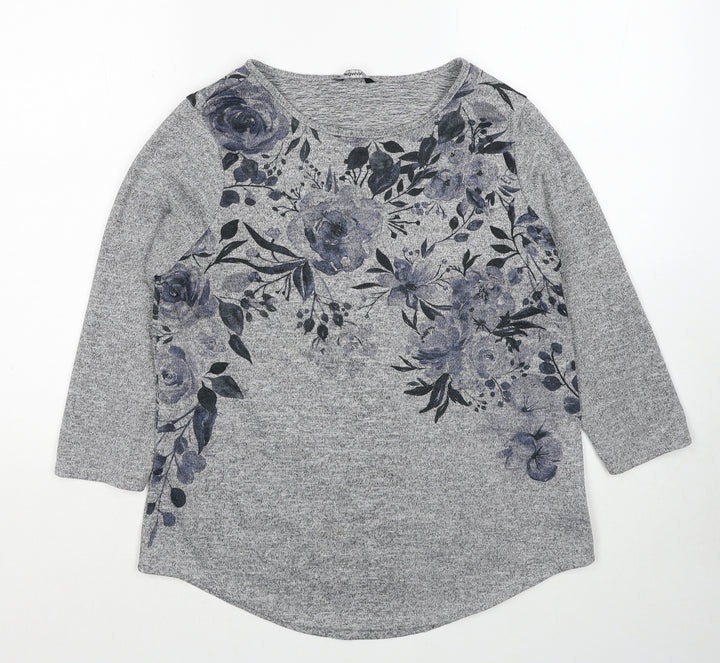 Roman Womens Grey Round Neck Floral Polyester Pullover Jumper Size 10