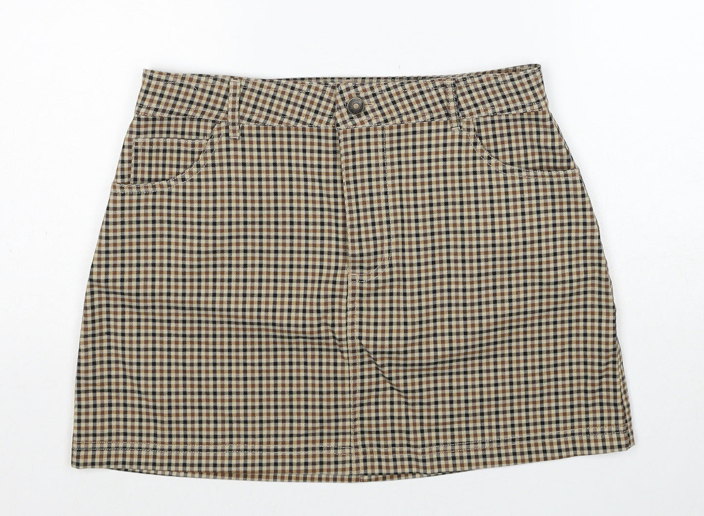 FOREVER 21 Womens Brown Check Cotton Mini Skirt Size L Zip