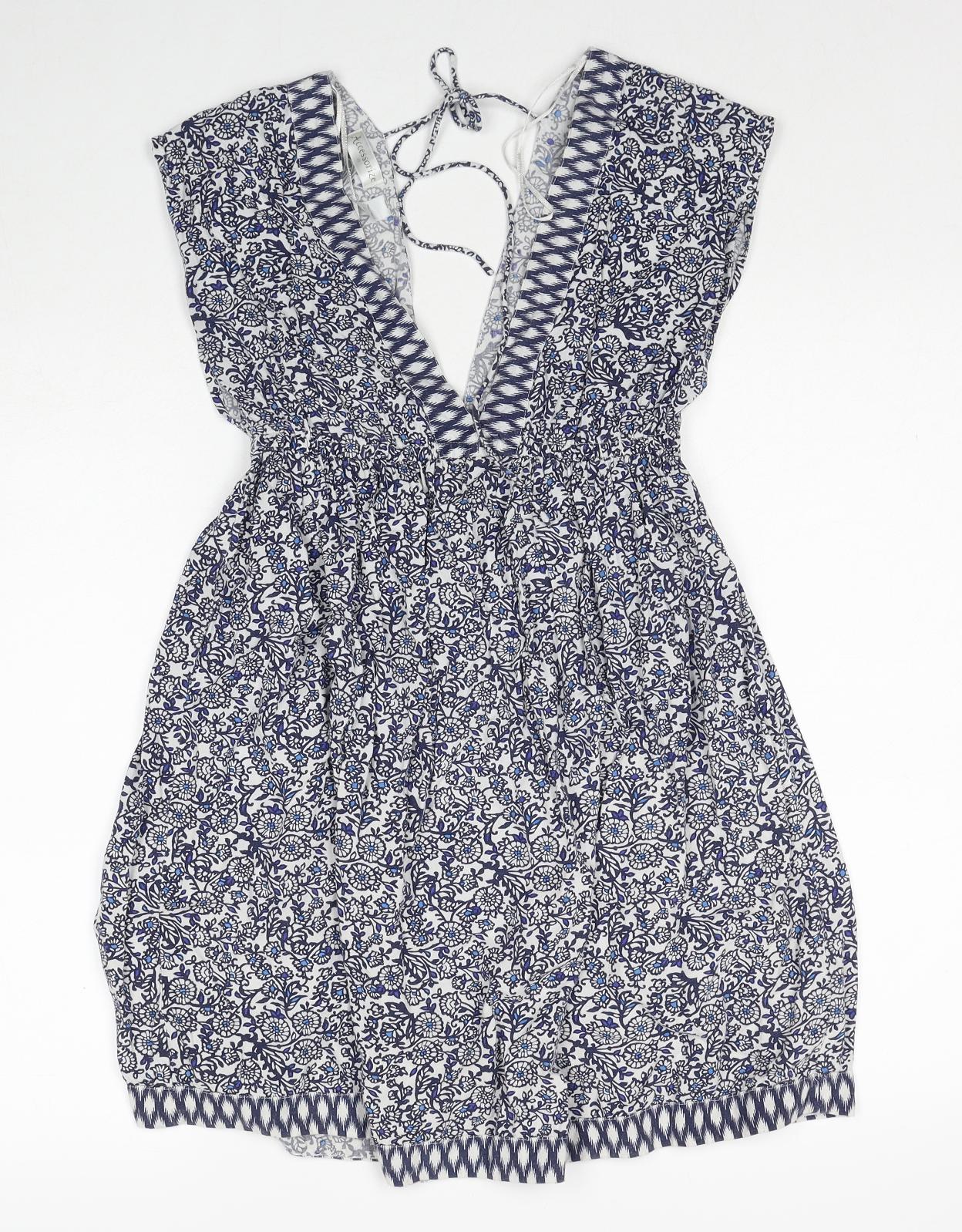 Accessorize Womens Blue Geometric Cotton A-Line Size XS V-Neck Tie
