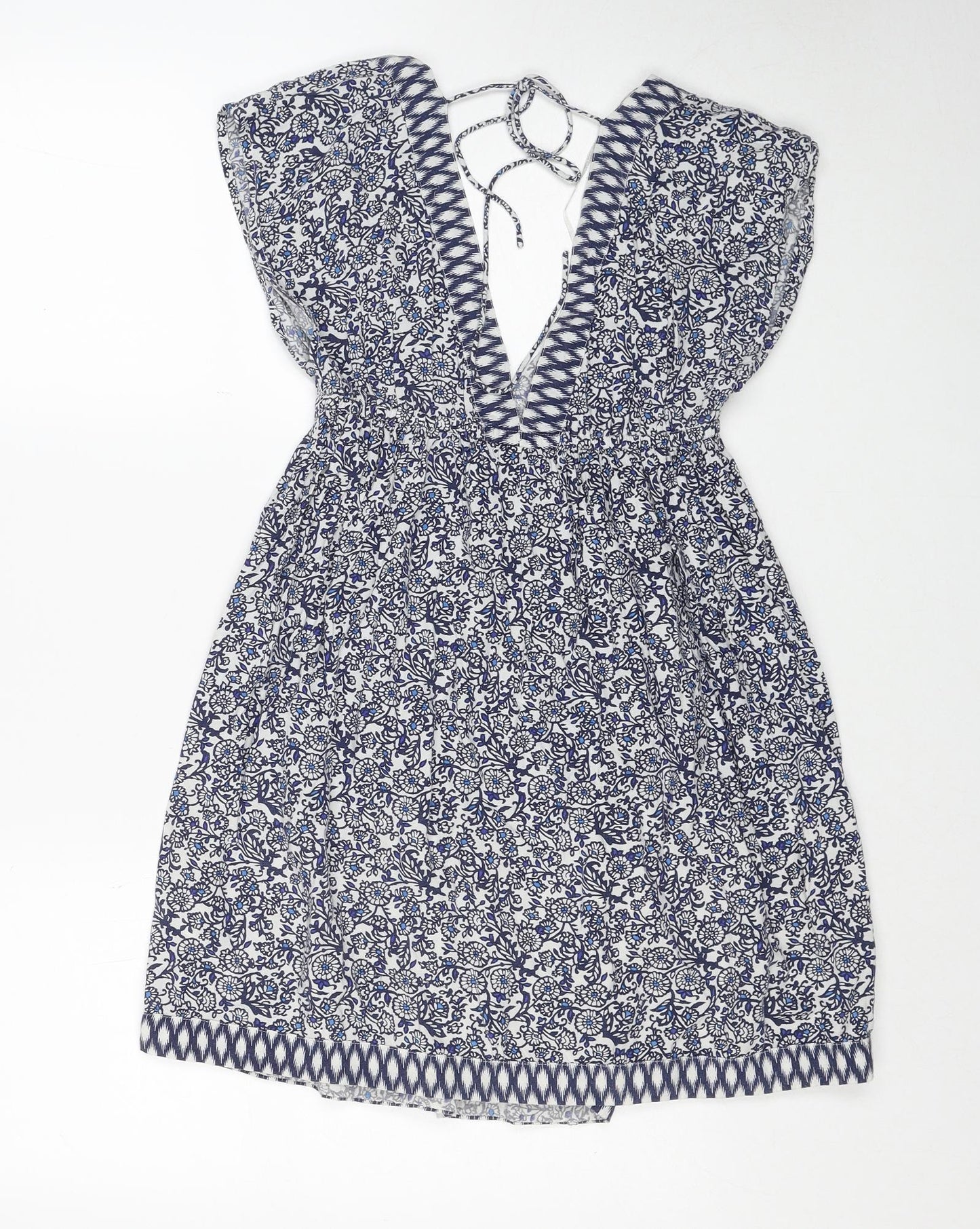 Accessorize Womens Blue Geometric Cotton A-Line Size XS V-Neck Tie