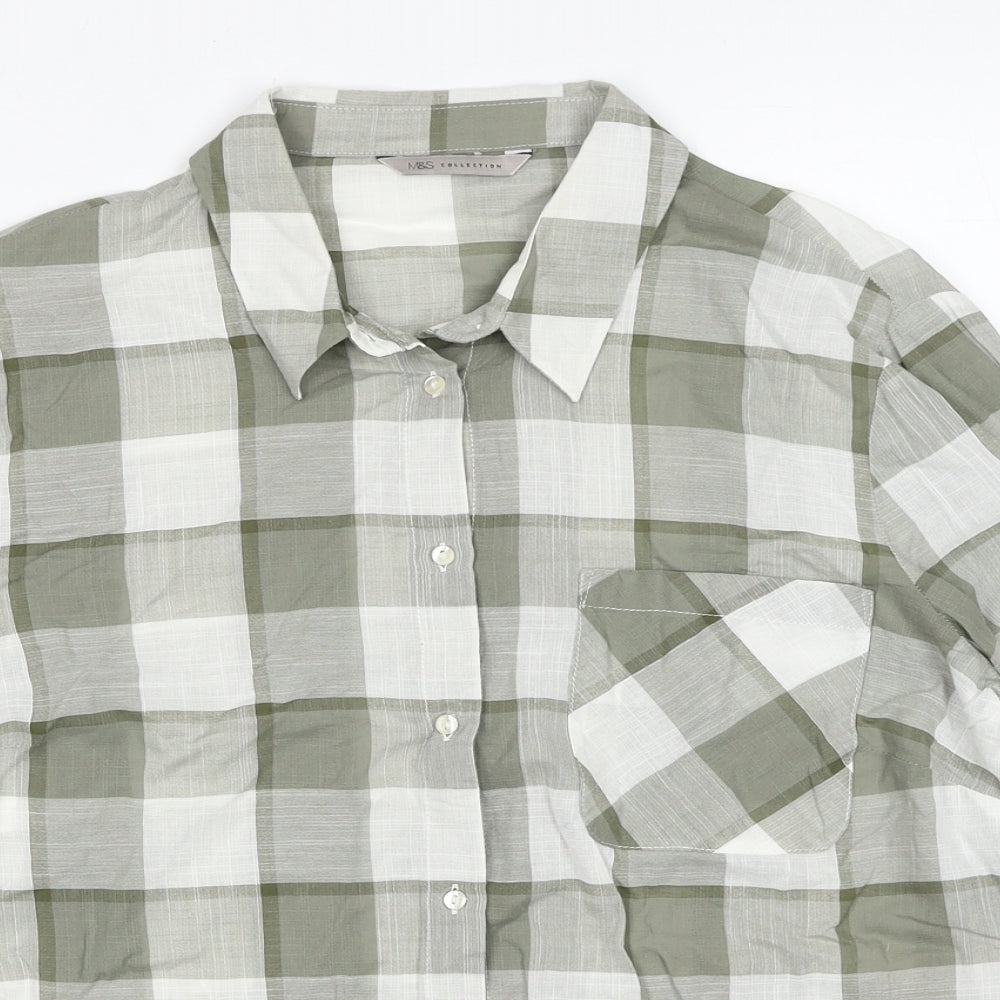 Marks and Spencer Womens Green Check Cotton Basic Button-Up Size 14 Collared