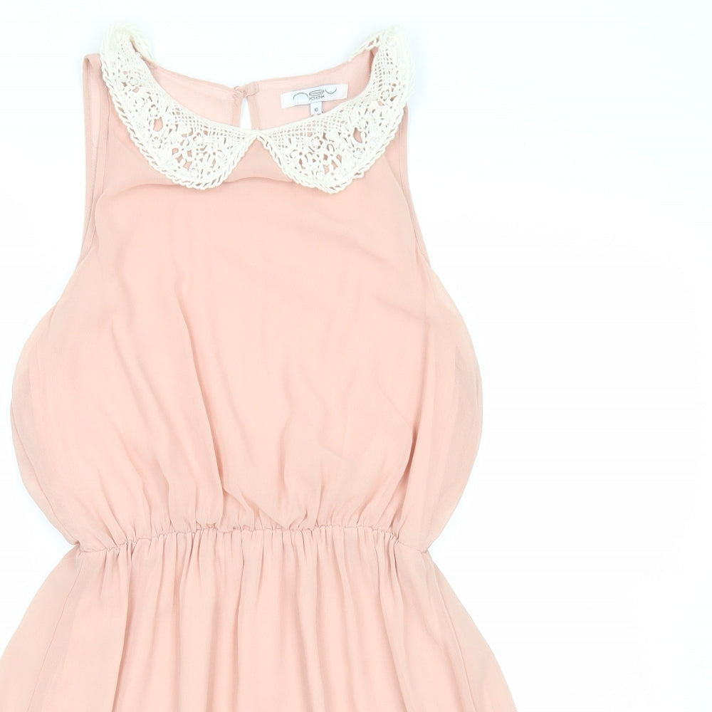 New Look Womens Pink Polyester A-Line Size 10 Round Neck Button - Crochet Collar