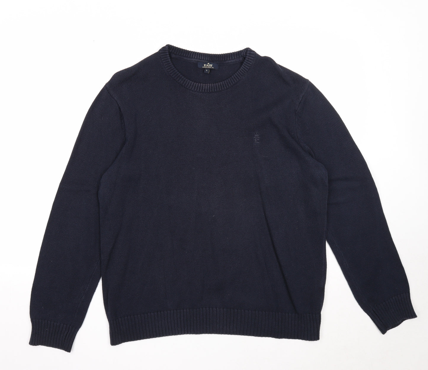 Easy Mens Blue Round Neck Cotton Pullover Jumper Size L Long Sleeve