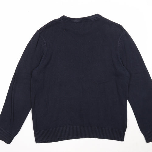 Easy Mens Blue Round Neck Cotton Pullover Jumper Size L Long Sleeve