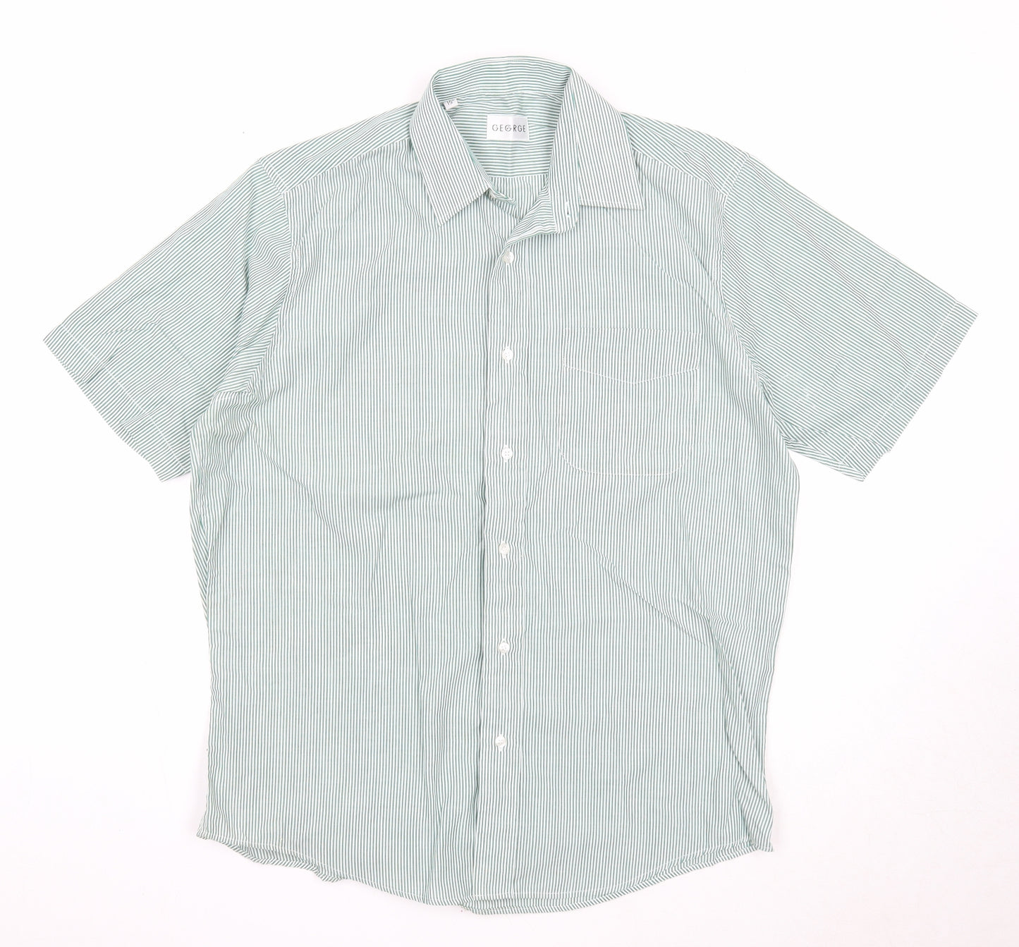 George Mens Green Striped Cotton Button-Up Size 15 Collared Button