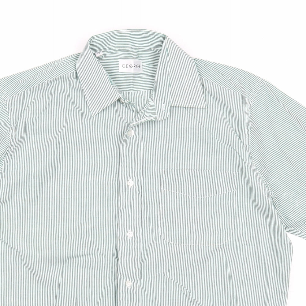 George Mens Green Striped Cotton Button-Up Size 15 Collared Button