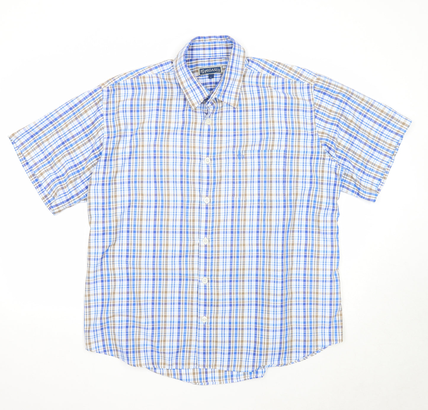 Pegasus Mens Blue Plaid Cotton Button-Up Size XL Collared Button
