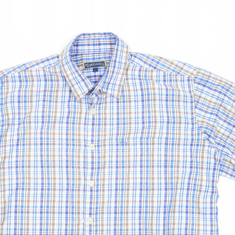 Pegasus Mens Blue Plaid Cotton Button-Up Size XL Collared Button