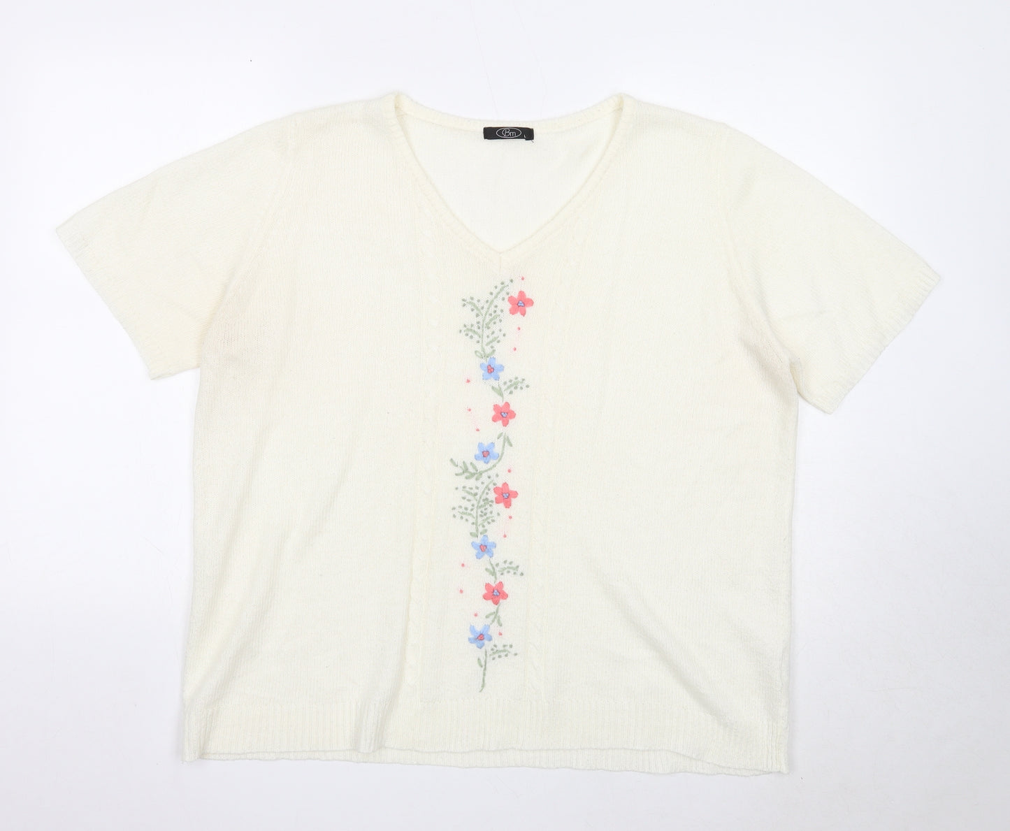 Bonmarché Womens White Acrylic Basic T-Shirt Size L V-Neck - Flowers Details