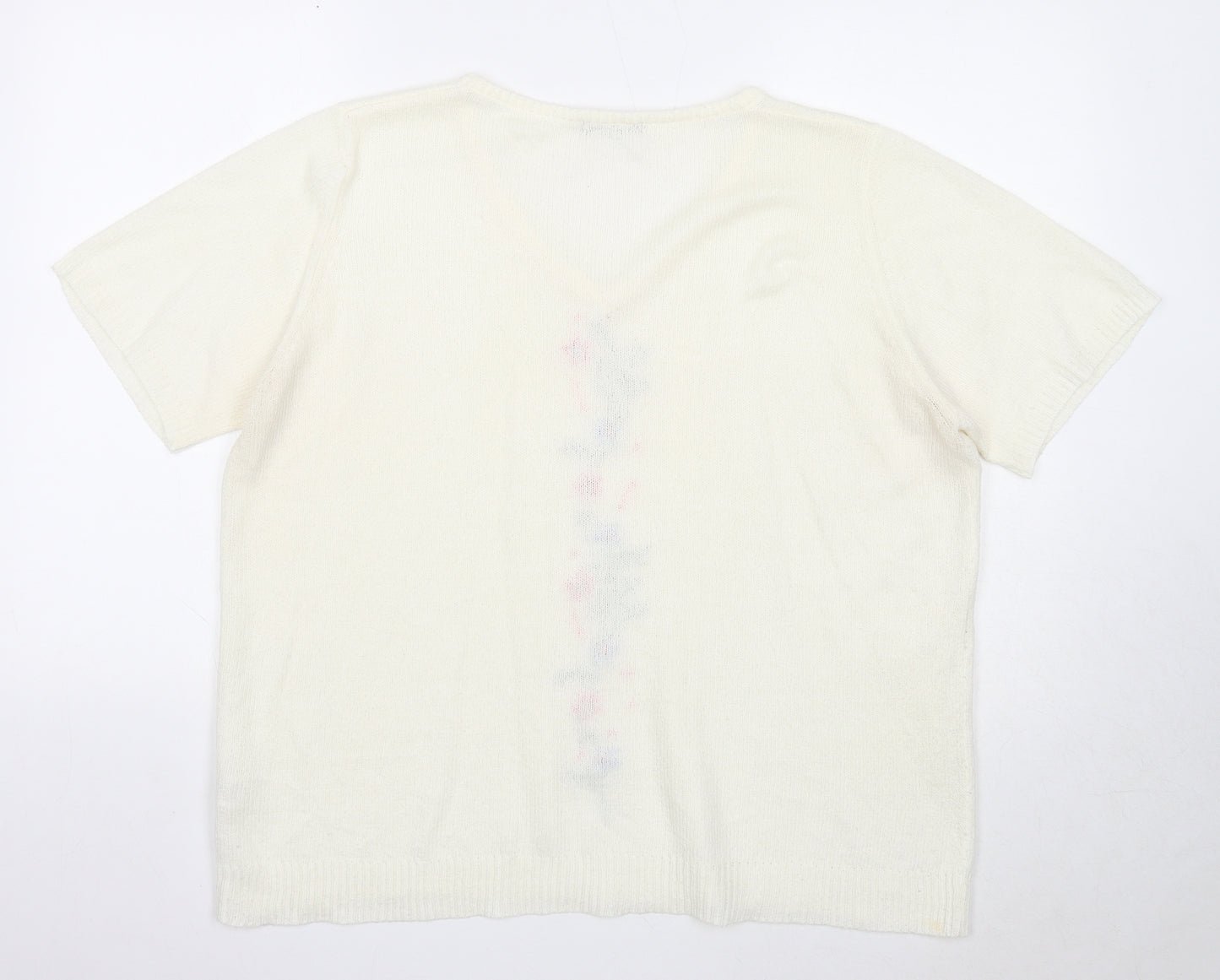 Bonmarché Womens White Acrylic Basic T-Shirt Size L V-Neck - Flowers Details