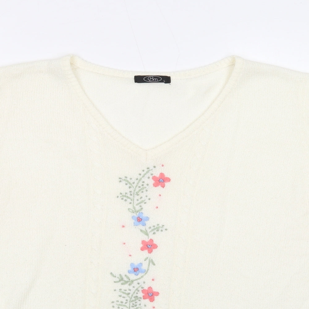 Bonmarché Womens White Acrylic Basic T-Shirt Size L V-Neck - Flowers Details